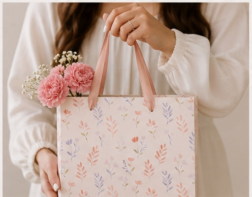 A woman presenting a floral-patterned gift bag with ribbon handles
