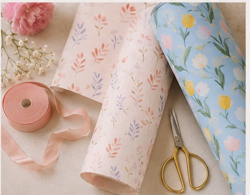 Rolled gift wrap patterns with ribbon and scissors, flat lay