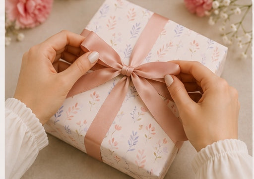 Hands tying a ribbon bow on a wrapped gift box