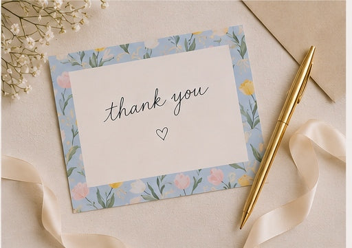 A handwritten thank you notecard styled with a pen and ribbon