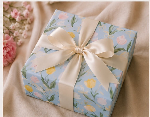 A wrapped gift box with a satin bow, styled with fresh flowers