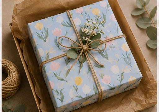 A gift box wrapped in floral paper nestled in a kraft paper box with eucalyptus