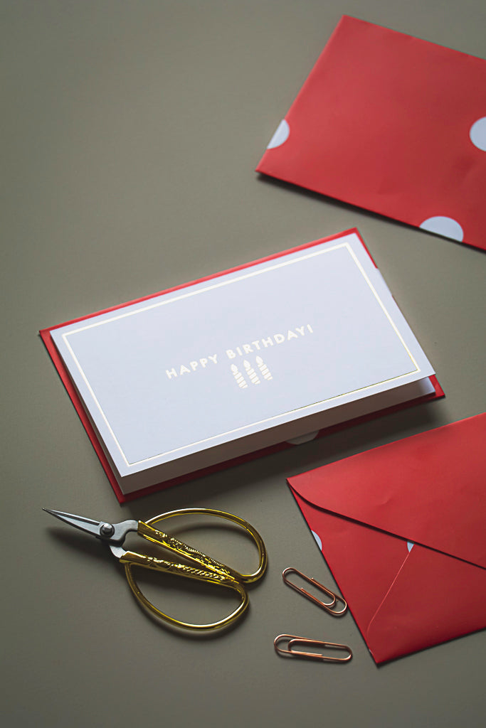 Happy Birthday notecard with red polka dot envelope and stickers