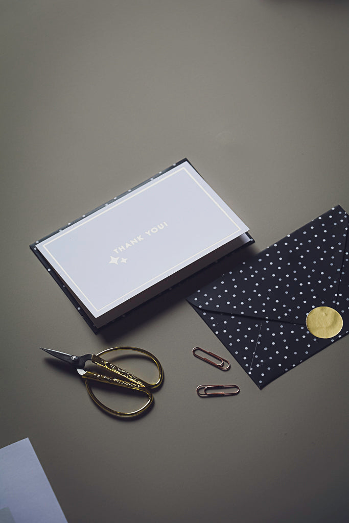 Thank You notecard with grey checkered envelope and stickers