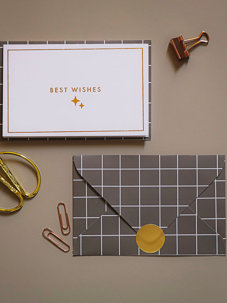 Best Wishes notecard with grey checkered envelope, pack of 10