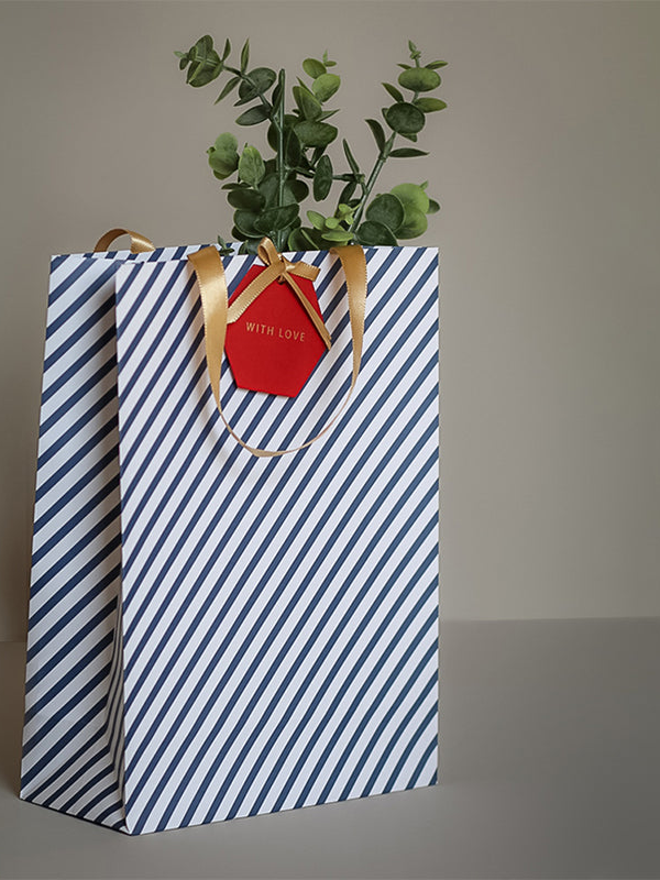 Navy blue candy stripe gift bags with hexagon gift tags, pack of 5
