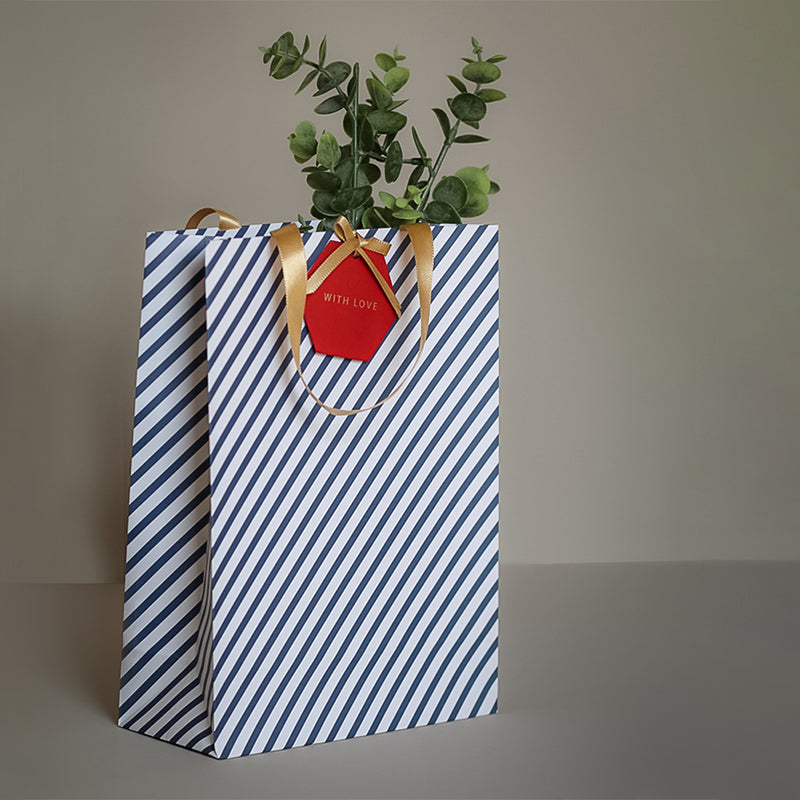 Navy blue candy stripe gift bags with hexagon gift tags, pack of 5