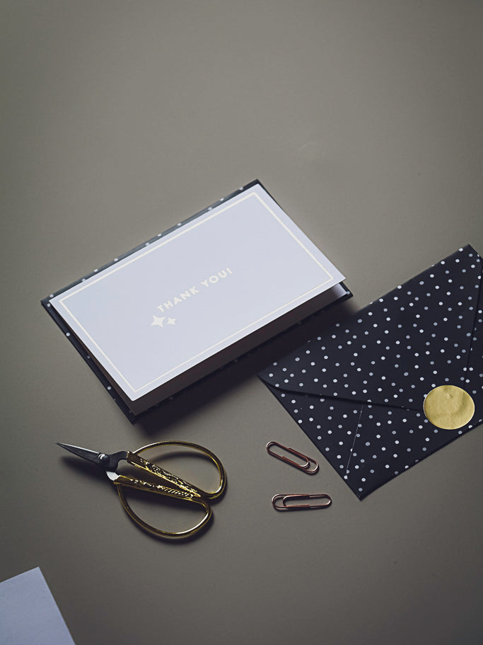 Thank You notecard with grey checkered envelope and stickers